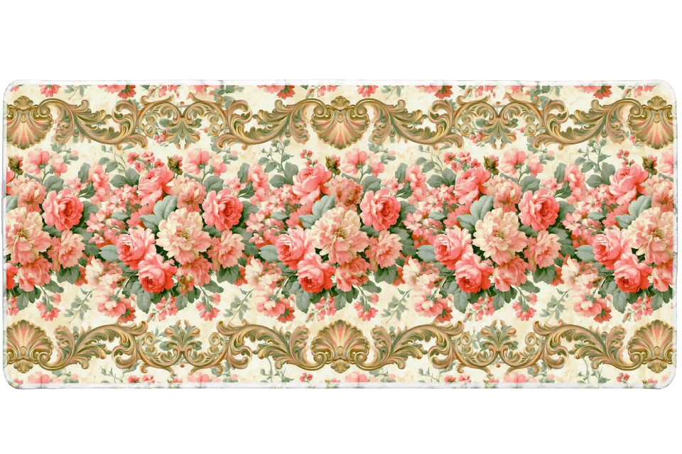 Vintage baroque rose desk mat with pink and coral flowers, green leaves and golden scroll borders on cream