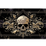 Wide gothic baroque skull black and gold desk mat displaying the complete artwork across a desktop