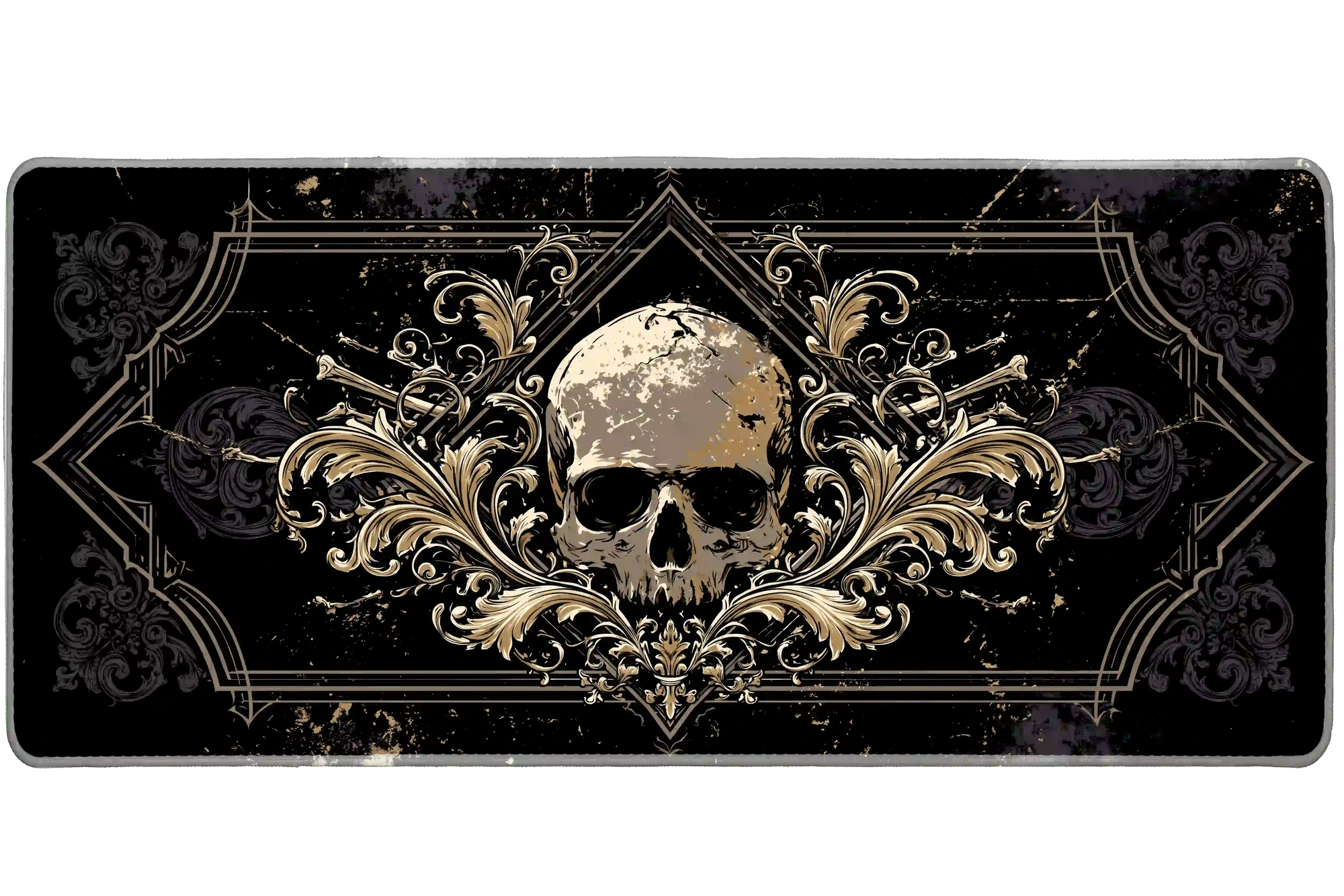 Wide gothic baroque skull black and gold desk mat displaying the complete artwork across a desktop