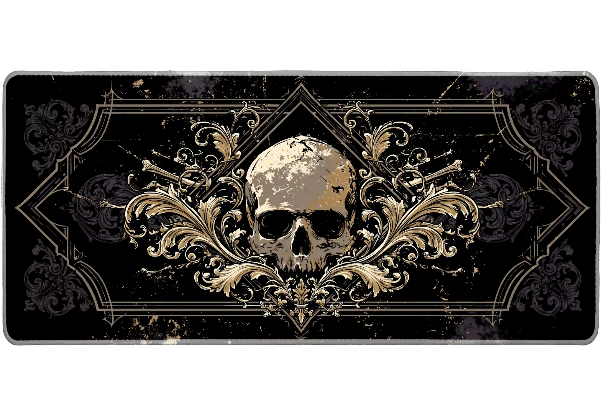 Wide gothic baroque skull black and gold desk mat displaying the complete artwork across a desktop