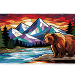 Complete stained glass bear mountain landscape artwork printed across a large keyboard and mouse mat