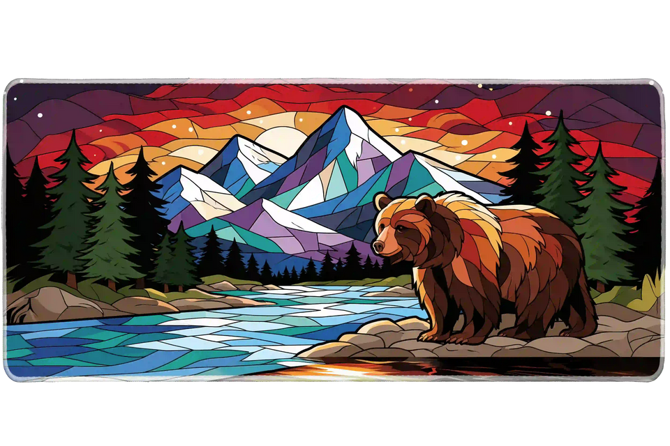 Complete stained glass bear mountain landscape artwork printed across a large keyboard and mouse mat