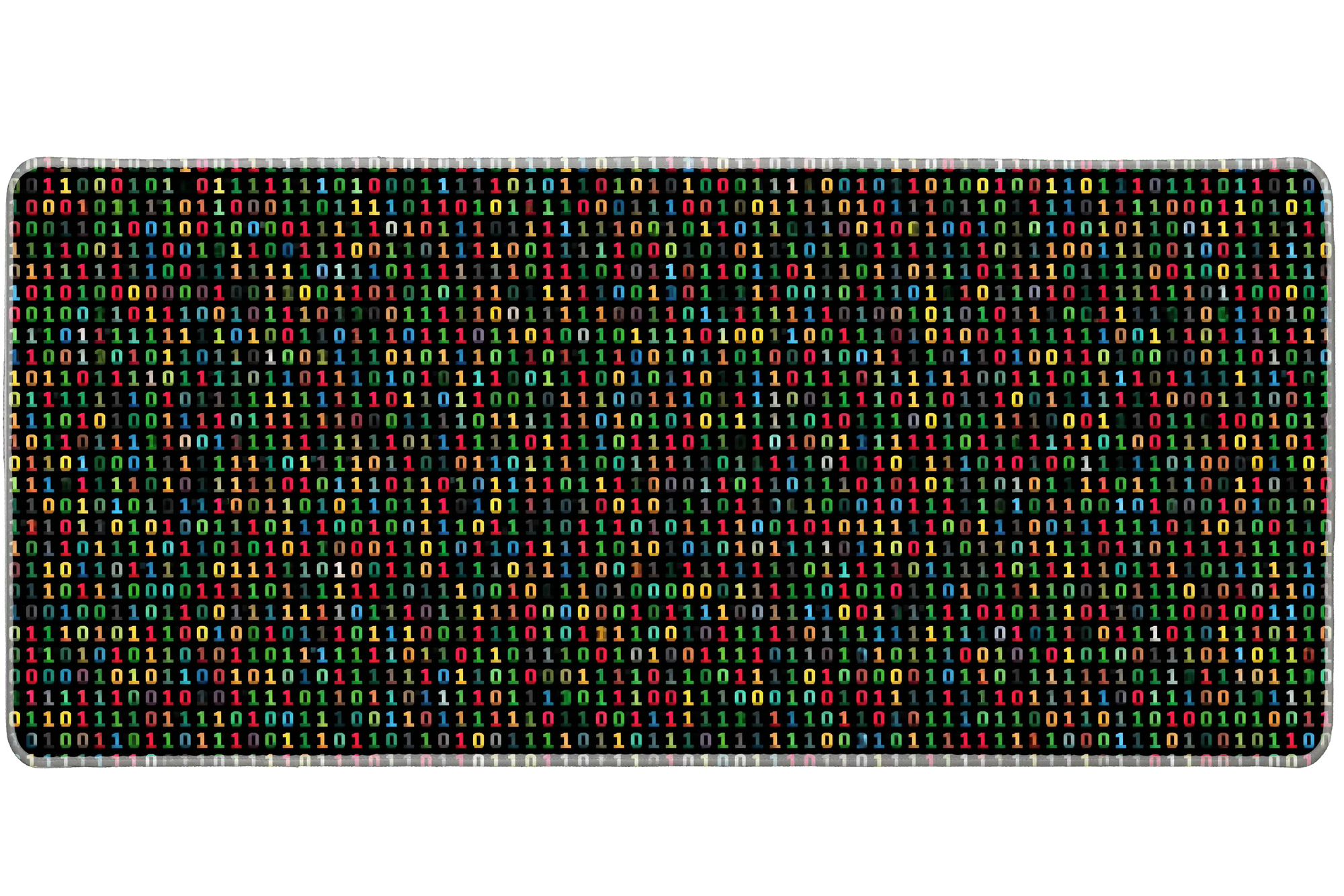 Binary Code Desk Mat | Programming Mouse Pad artwork on an extended desk mat with colorful binary code on a black tech background