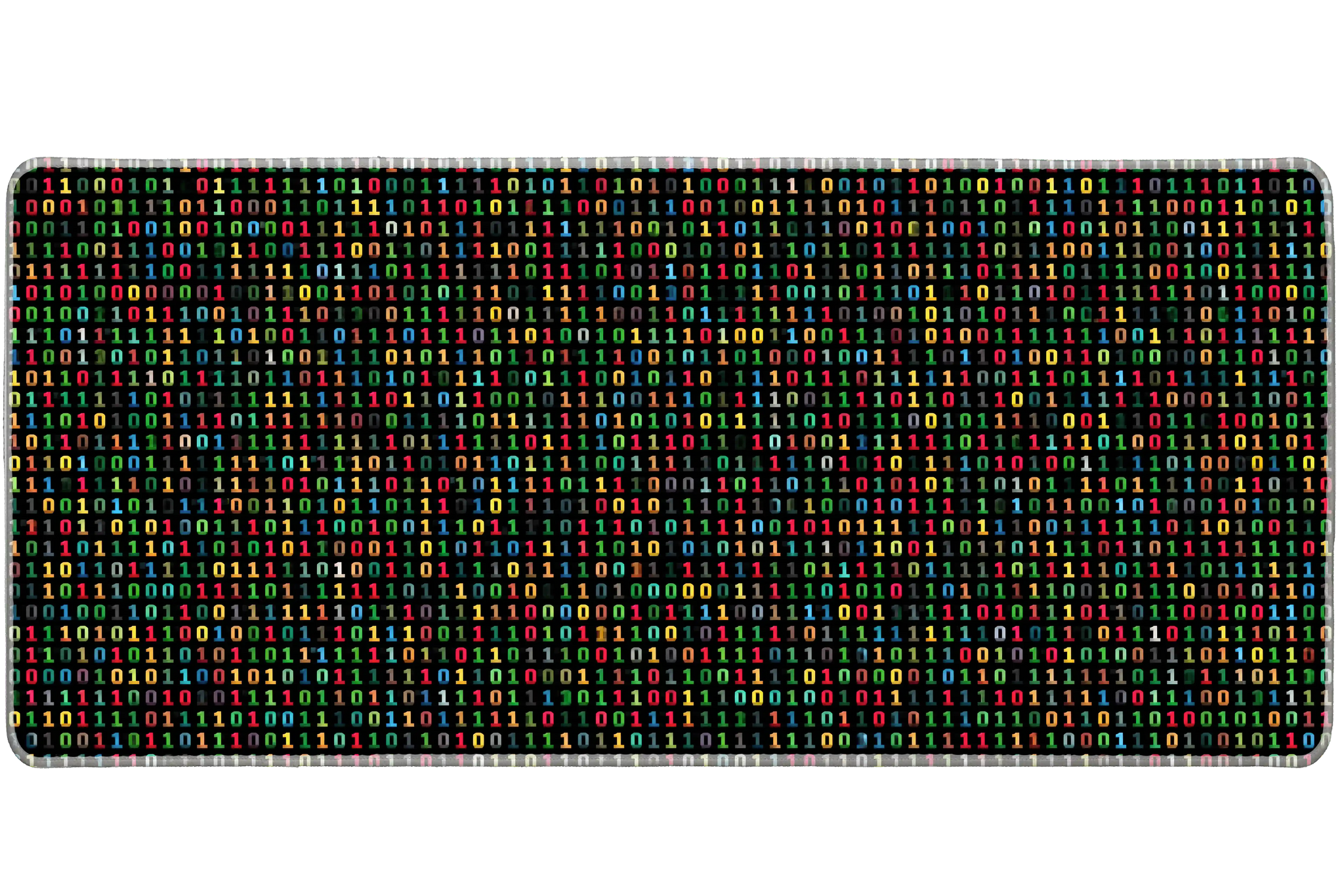 Binary Code Desk Mat | Programming Mouse Pad artwork on an extended desk mat with colorful binary code on a black tech background