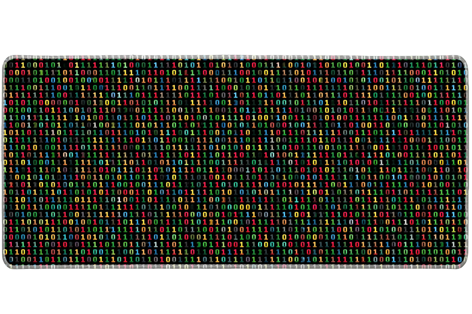 Binary Code Desk Mat | Programming Mouse Pad artwork on an extended desk mat with colorful binary code on a black tech background