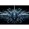 Complete gothic biomechanical skull crest artwork printed across a large keyboard and mouse mat