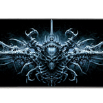 Complete gothic biomechanical skull crest artwork printed across a large keyboard and mouse mat