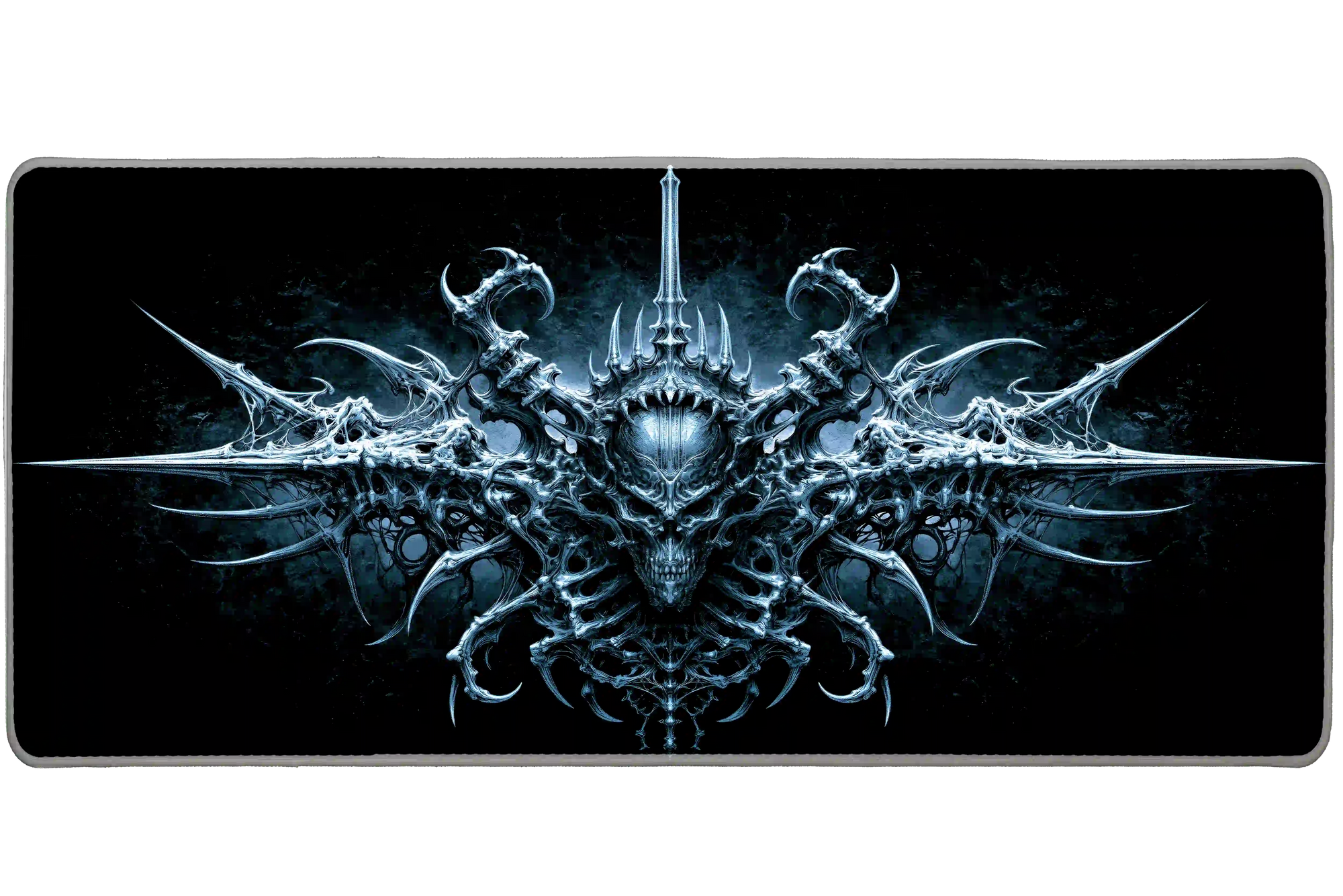 Complete gothic biomechanical skull crest artwork printed across a large keyboard and mouse mat