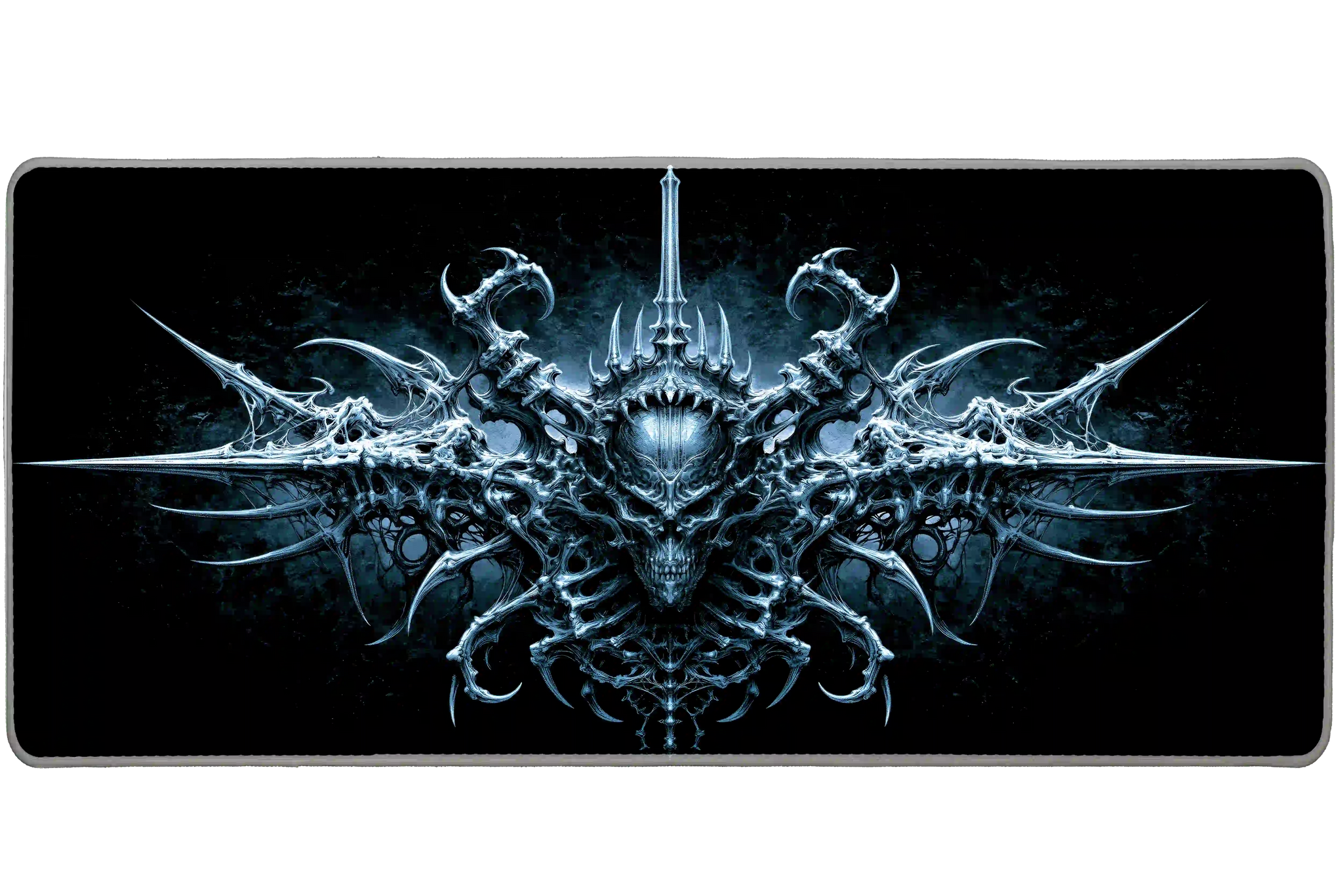 Complete gothic biomechanical skull crest artwork printed across a large keyboard and mouse mat