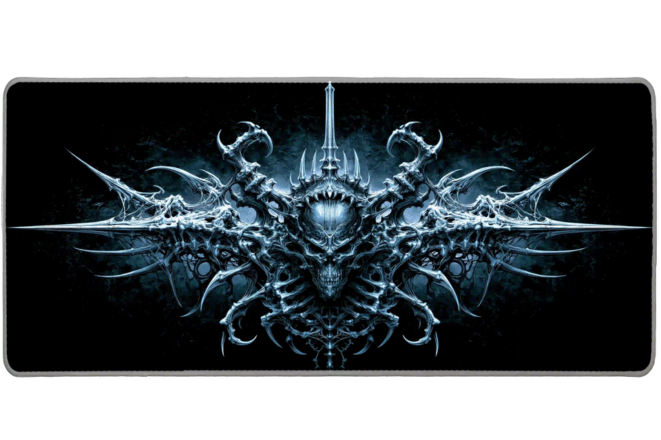 Complete gothic biomechanical skull crest artwork printed across a large keyboard and mouse mat