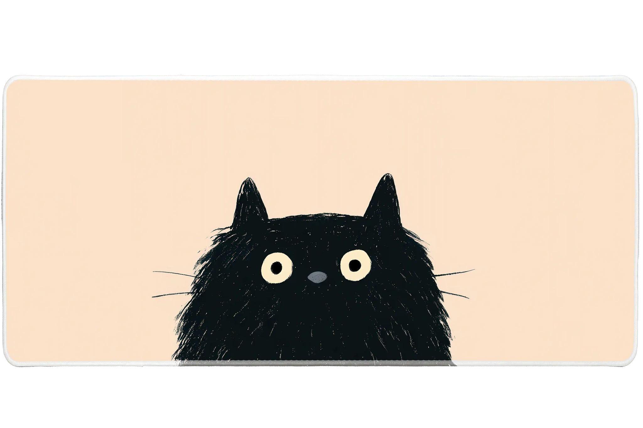 Minimal Black Cat Peach Funny Cat desk mat with a wide-eyed cat peeking from a soft background