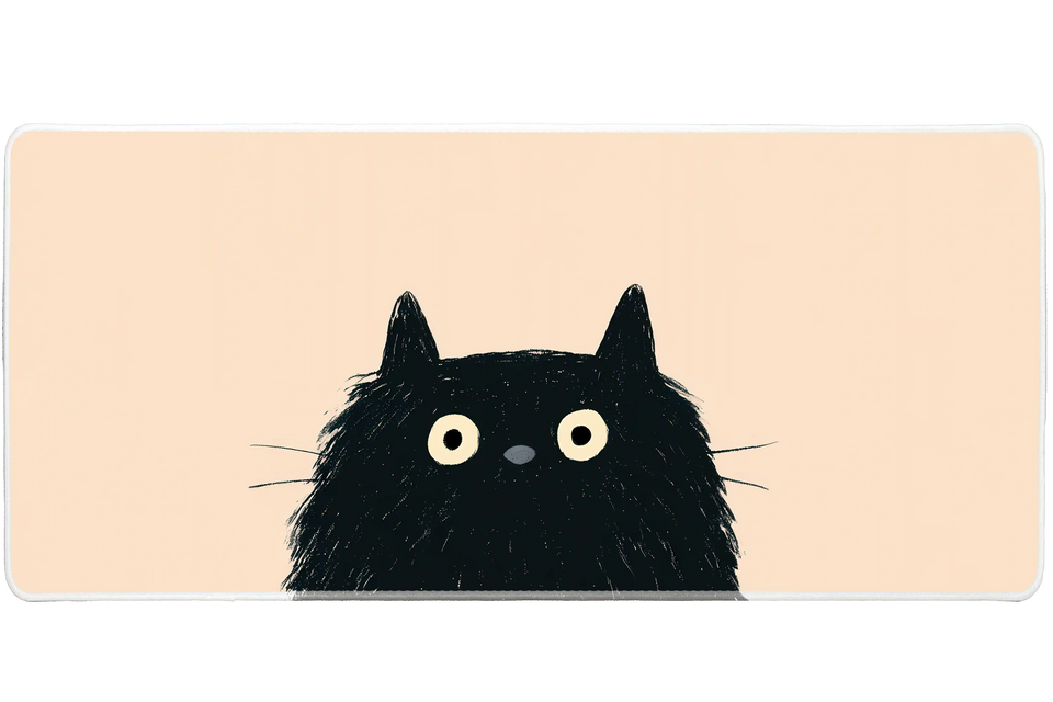 Minimal Black Cat Peach Funny Cat desk mat with a wide-eyed cat peeking from a soft background