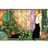 Black Cat Stained Glass Desk Mat | Houseplants artwork on an extended desk mat with black cat stained glass design