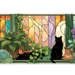 Black Cat Stained Glass Desk Mat | Houseplants artwork on an extended desk mat with black cat stained glass design