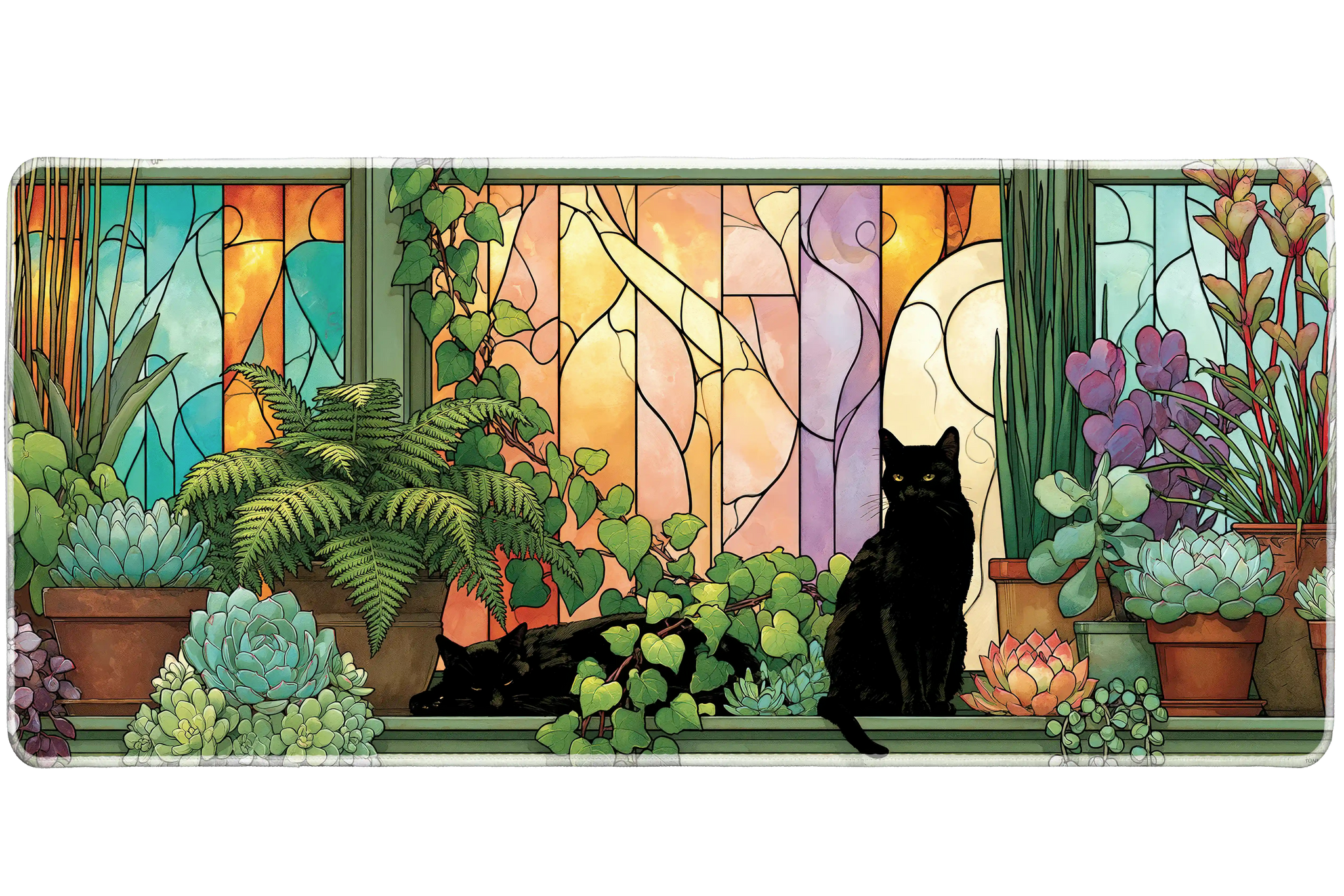 Black Cat Stained Glass Desk Mat | Houseplants artwork on an extended desk mat with black cat stained glass design
