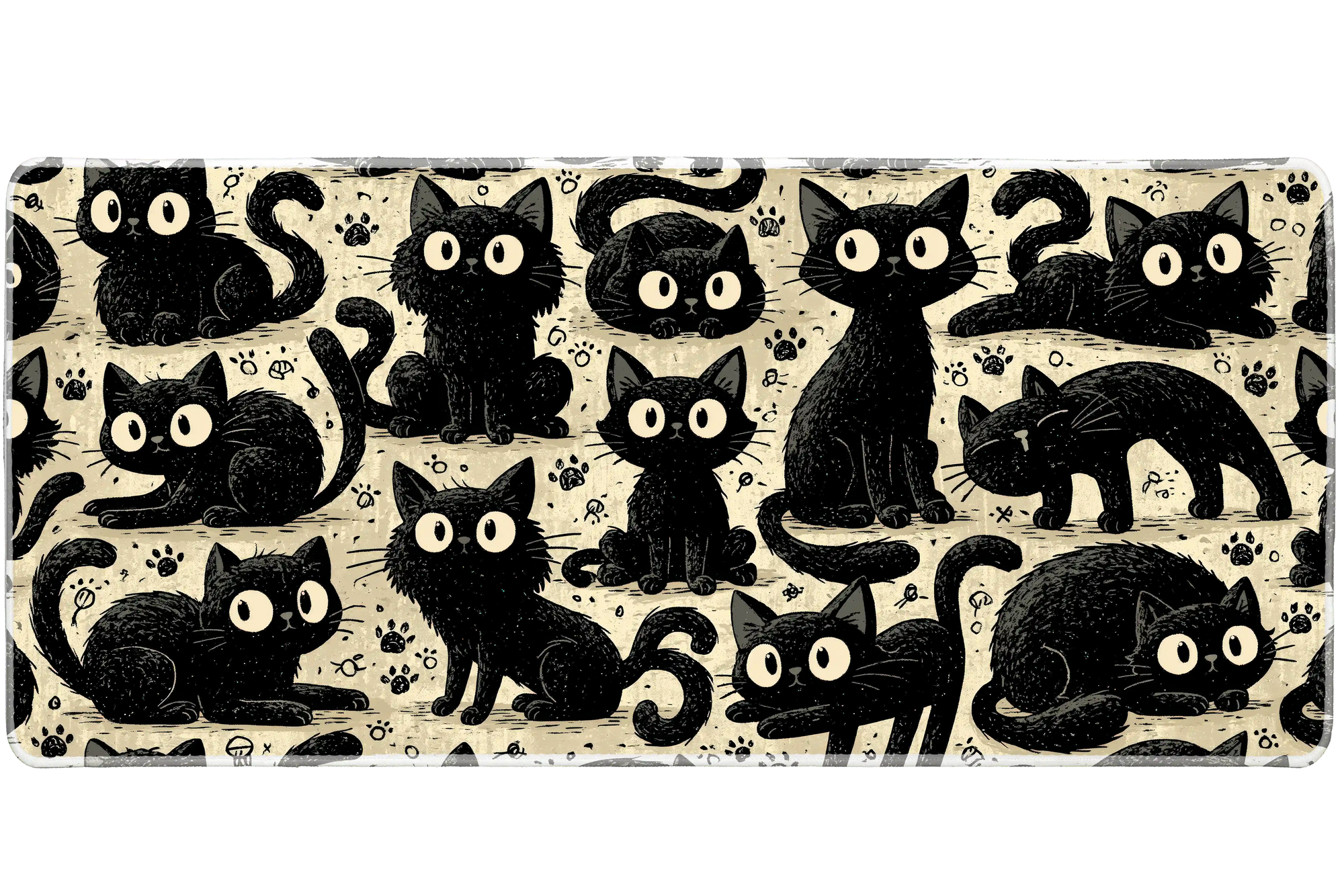 Black Cat Doodle Desk Mat | Cute Pattern Mouse Pad artwork on an extended desk mat with black cat doodle pattern