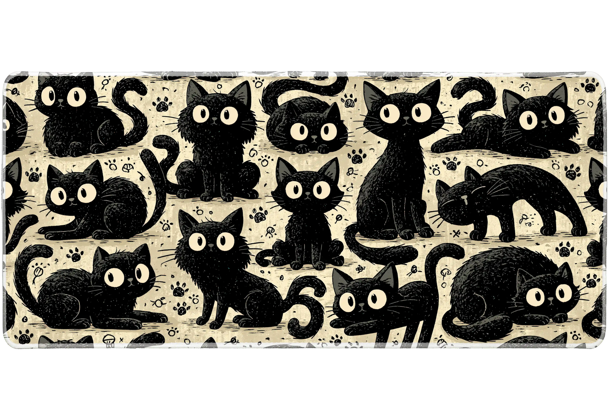 Black Cat Doodle Desk Mat | Cute Pattern Mouse Pad artwork on an extended desk mat with black cat doodle pattern