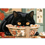 Complete black cat ramen Japanese-inspired art artwork printed across a large keyboard and mouse mat