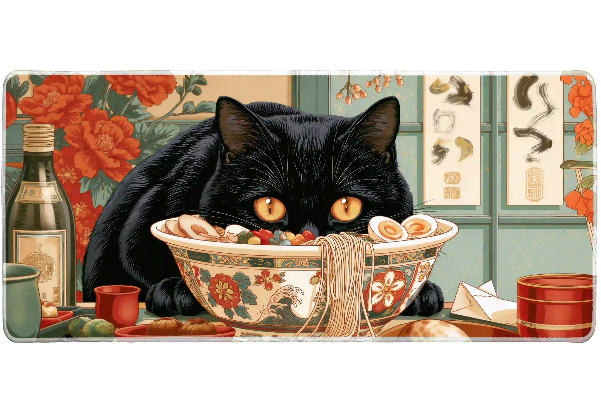 Complete black cat ramen Japanese-inspired art artwork printed across a large keyboard and mouse mat