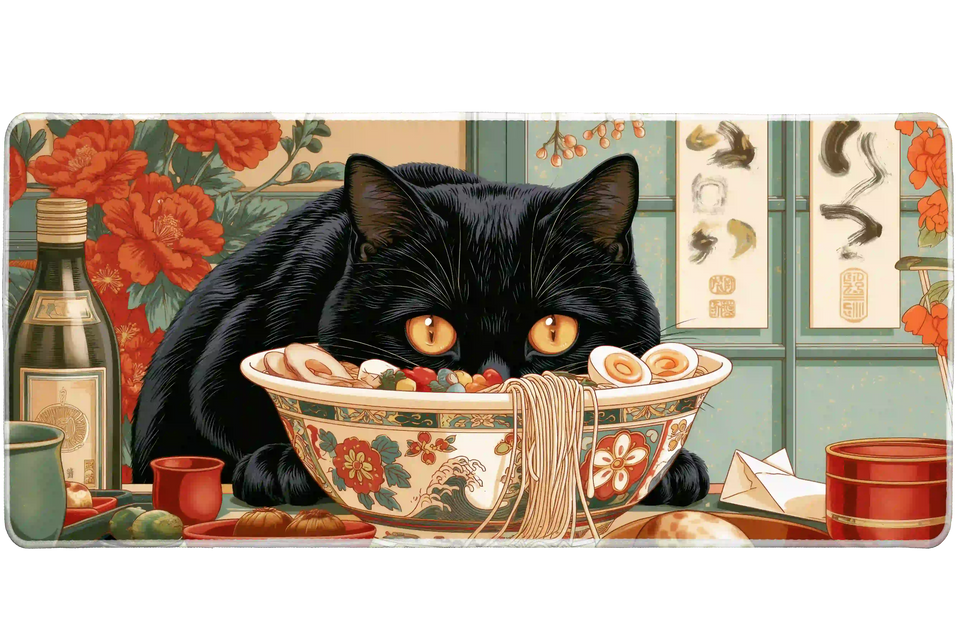 Complete black cat ramen Japanese-inspired art artwork printed across a large keyboard and mouse mat
