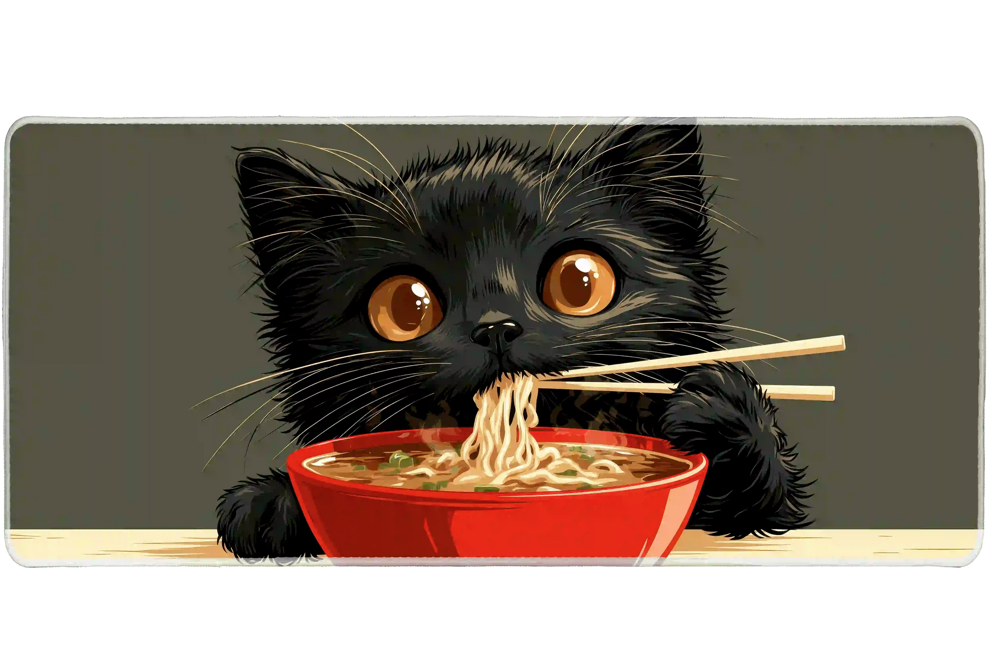 Overhead Black Cat Ramen desk mat view with a wide-eyed black cat enjoying a steaming bowl of ramen