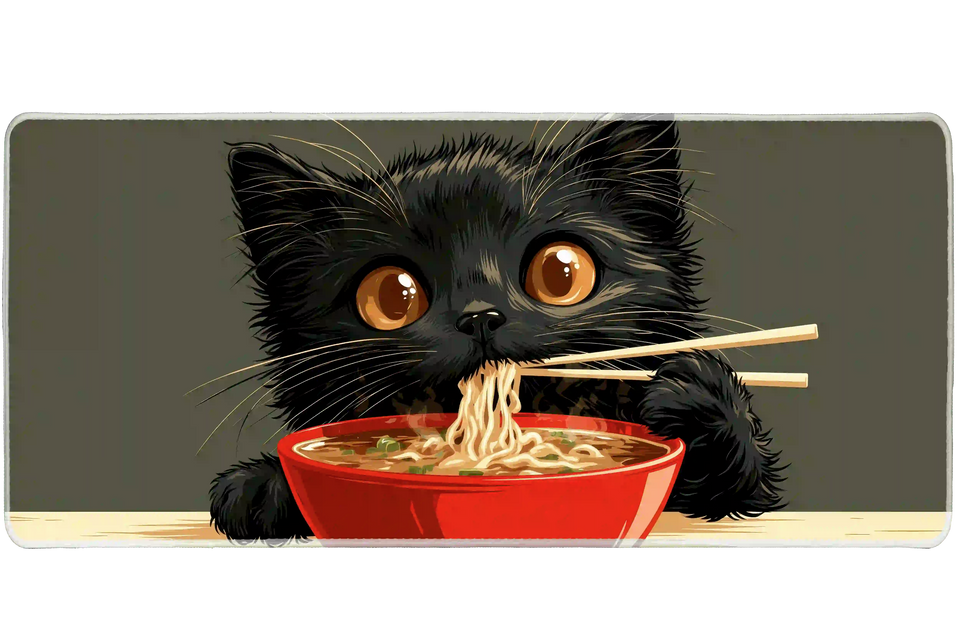 Overhead Black Cat Ramen desk mat view with a wide-eyed black cat enjoying a steaming bowl of ramen