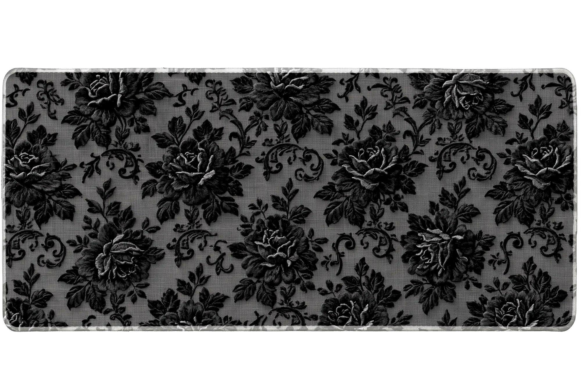 Black Floral Lace Dark Vintage desk mat with raised-effect roses, scrollwork details, and a textured