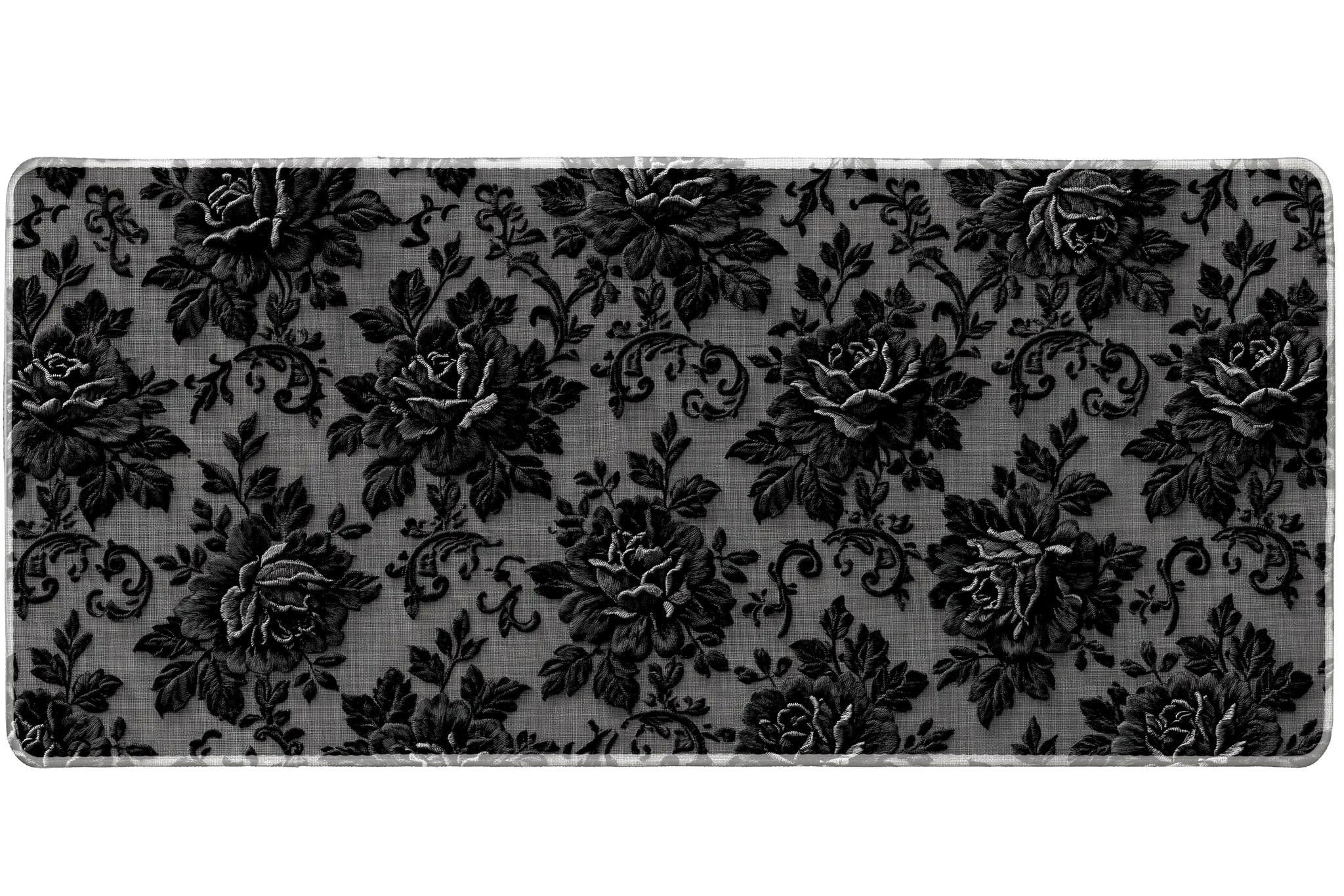 Black Floral Lace Dark Vintage desk mat with raised-effect roses, scrollwork details, and a textured