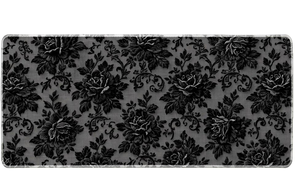 Black Floral Lace Dark Vintage desk mat with raised-effect roses, scrollwork details, and a textured