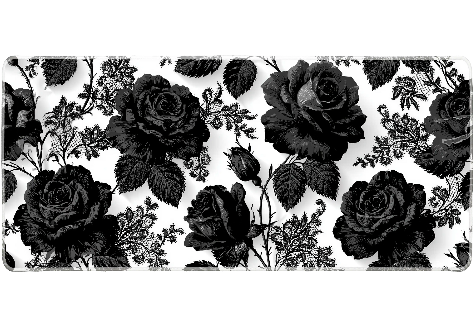 Black Rose Lace Gothic Floral desk mat with detailed roses, floral lace accents, and a dramatic