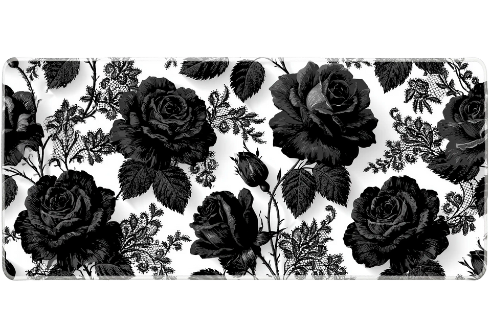 Black Rose Lace Gothic Floral desk mat with detailed roses, floral lace accents, and a dramatic