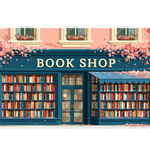 Cherry Blossom Bookshop Desk Mat | Blue Storefront artwork on an extended desk mat with cherry blossom bookshop design