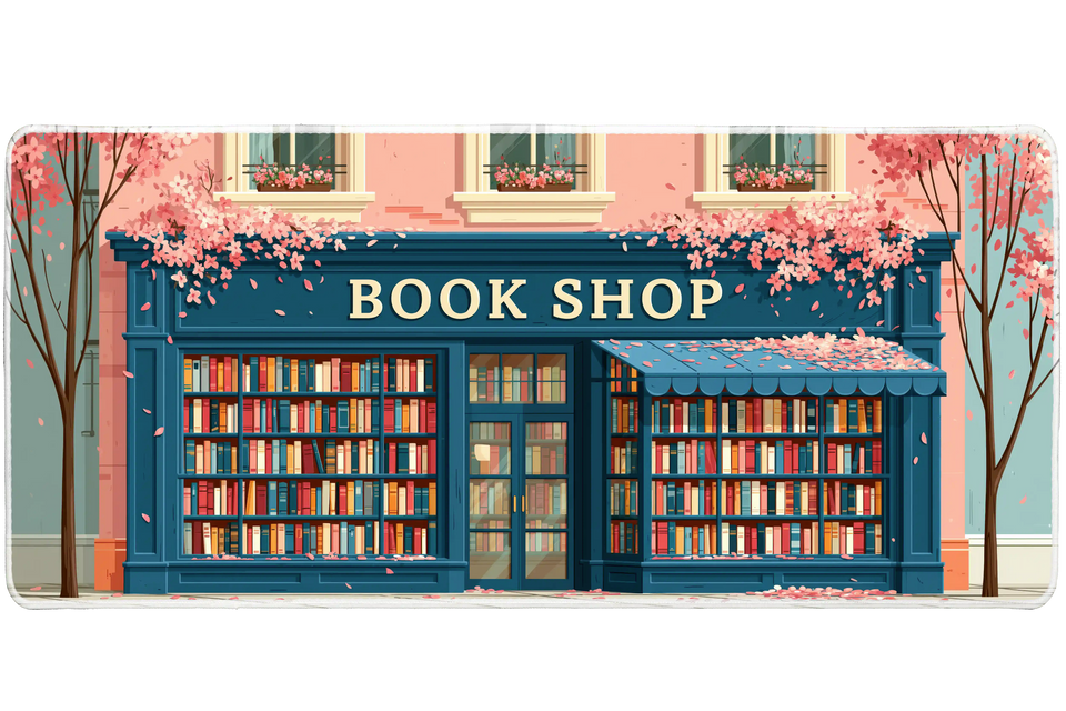 Cherry Blossom Bookshop Desk Mat | Blue Storefront artwork on an extended desk mat with cherry blossom bookshop design