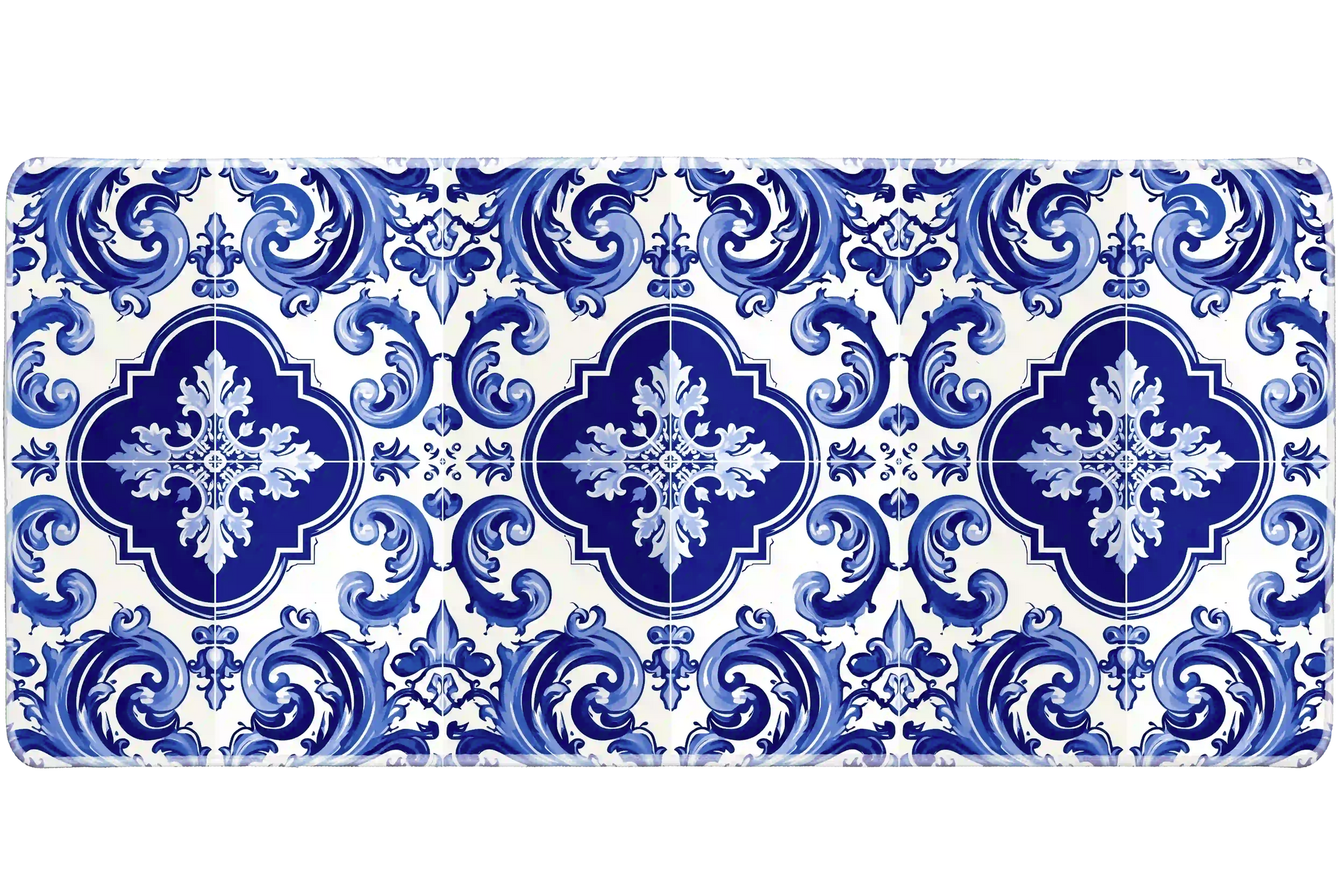Blue Portuguese Tile desk mat product view highlighting ornamental azulejo scrollwork and floral flourishes