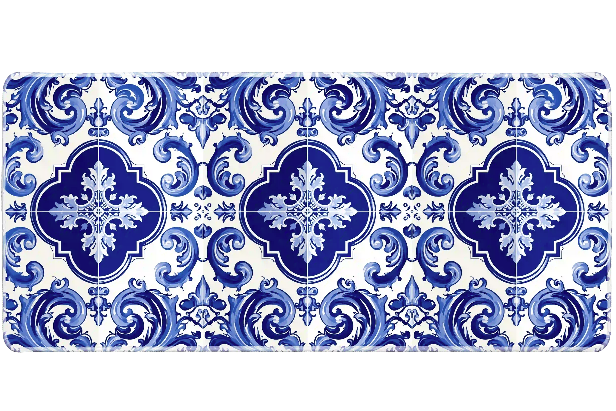 Blue Portuguese Tile desk mat product view highlighting ornamental azulejo scrollwork and floral flourishes