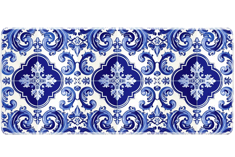 Blue Portuguese Tile desk mat product view highlighting ornamental azulejo scrollwork and floral flourishes