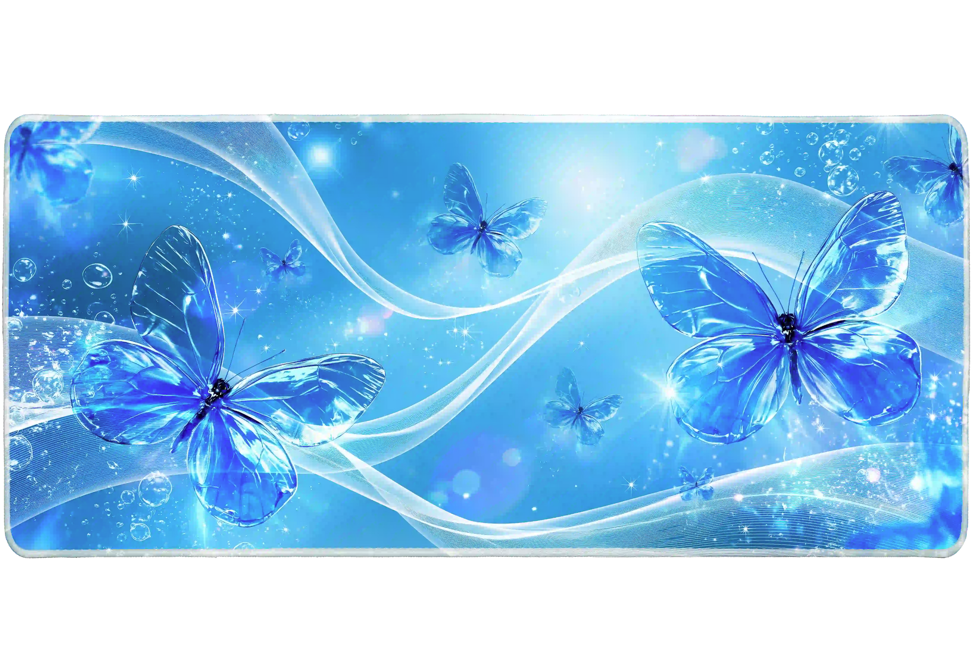 Blue Butterfly Frutiger Aero desk mat artwork in a wide product view