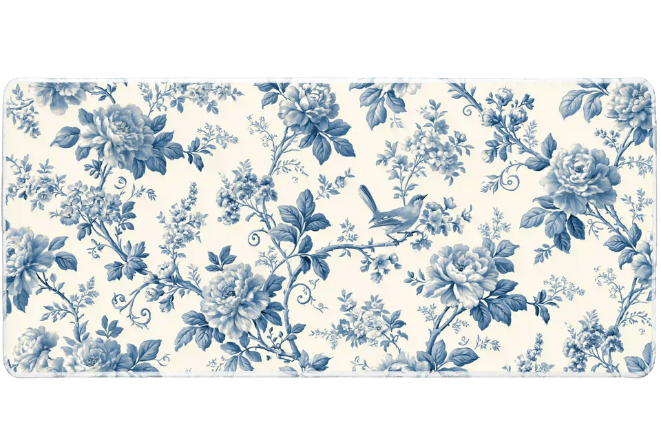 Blue Chinoiserie desk mat artwork in a wide product view