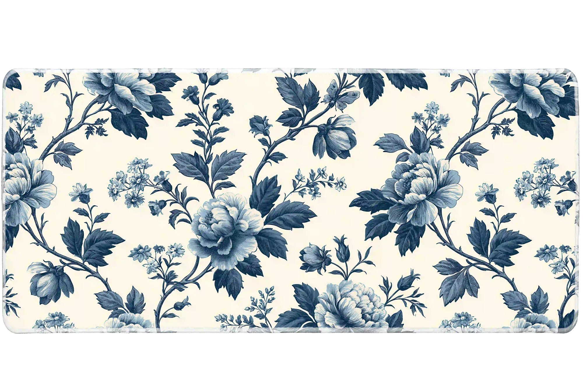 Wide view of the Blue Botanical Floral desk mat featuring vintage blue roses, leafy branches, blossoms and butterflies