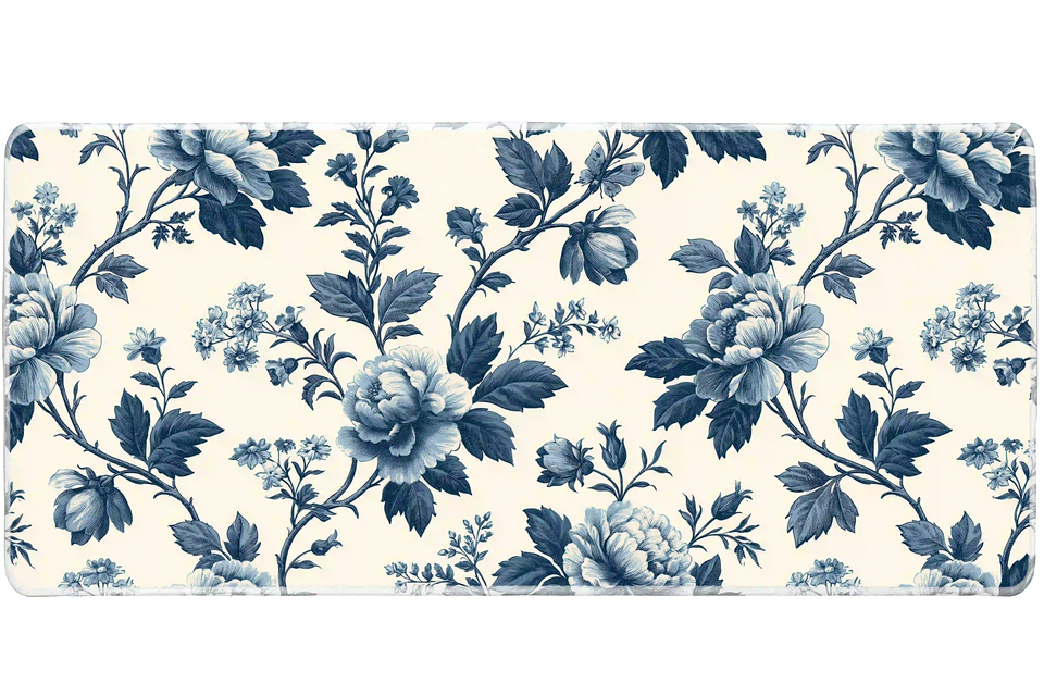 Wide view of the Blue Botanical Floral desk mat featuring vintage blue roses, leafy branches, blossoms and butterflies