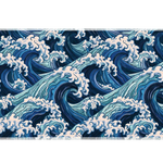 Blue ocean wave desk mat covered in repeating navy and aqua curls with pale foamy crests