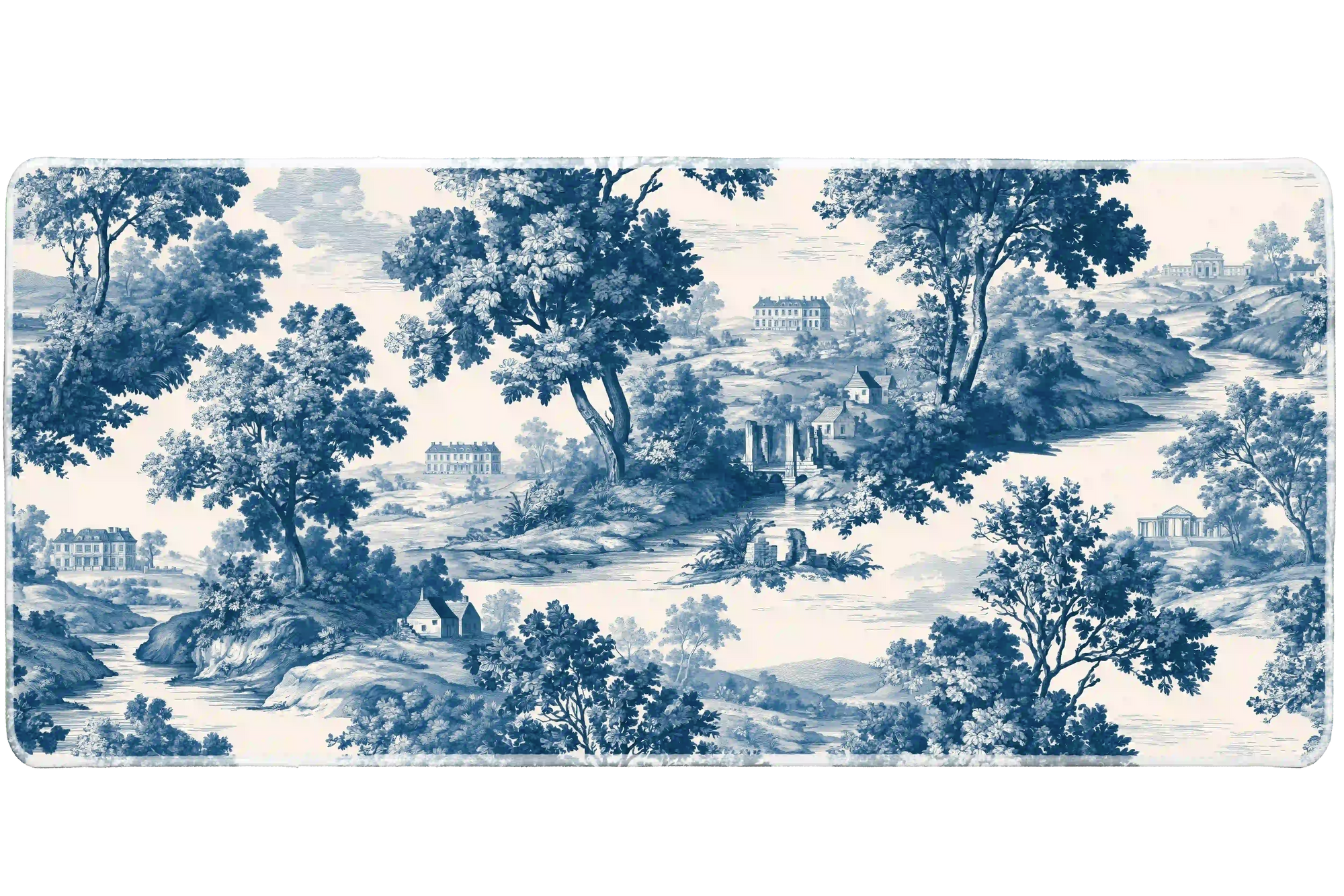 Wide Blue Toile de Jouy desk mat with pastoral estates, rivers and countryside scenes