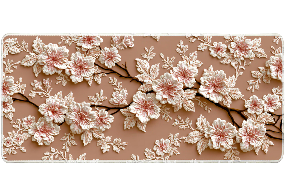 Blush Floral Branch Ivory Blossom desk mat with ivory blossoms, warm neutral tones, and graceful
