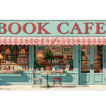 Book Cafe Storefront Desk Mat | Library Mouse Pad artwork on an extended desk mat with storybook book cafe storefront artwork