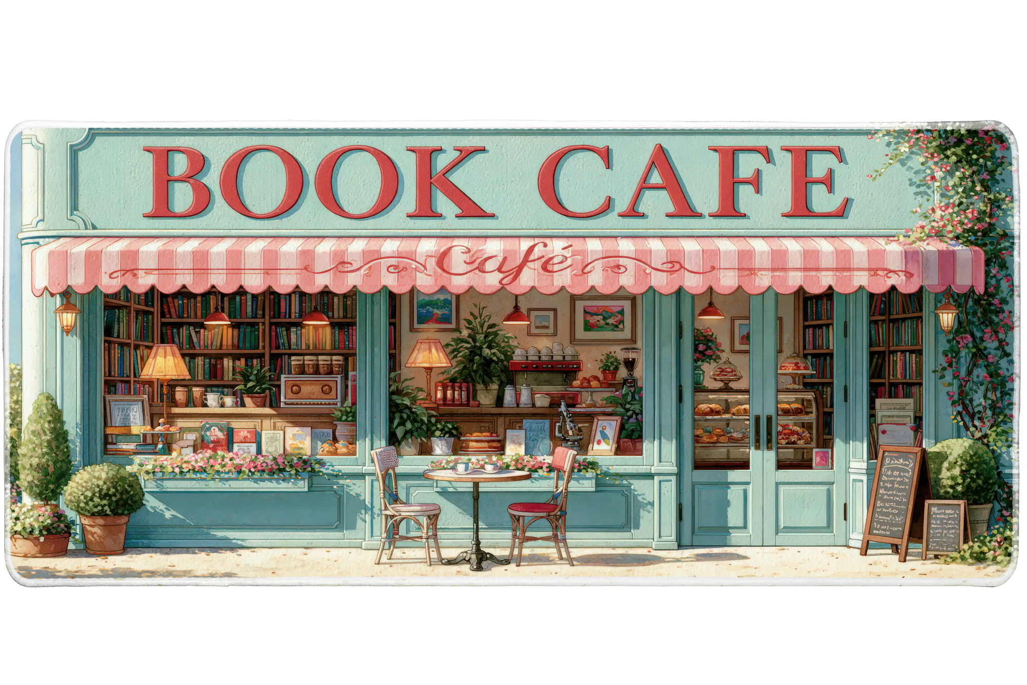 Book Cafe Storefront Desk Mat | Library Mouse Pad artwork on an extended desk mat with storybook book cafe storefront artwork