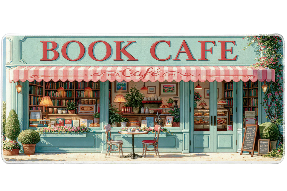 Book Cafe Storefront Desk Mat | Library Mouse Pad artwork on an extended desk mat with storybook book cafe storefront artwork