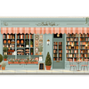 Pastel Book Cafe Desk Mat | Library Mouse Pad artwork on an extended desk mat with pastel book cafe storefront artwork