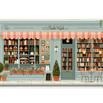 Pastel Book Cafe Desk Mat | Library Mouse Pad artwork on an extended desk mat with pastel book cafe storefront artwork