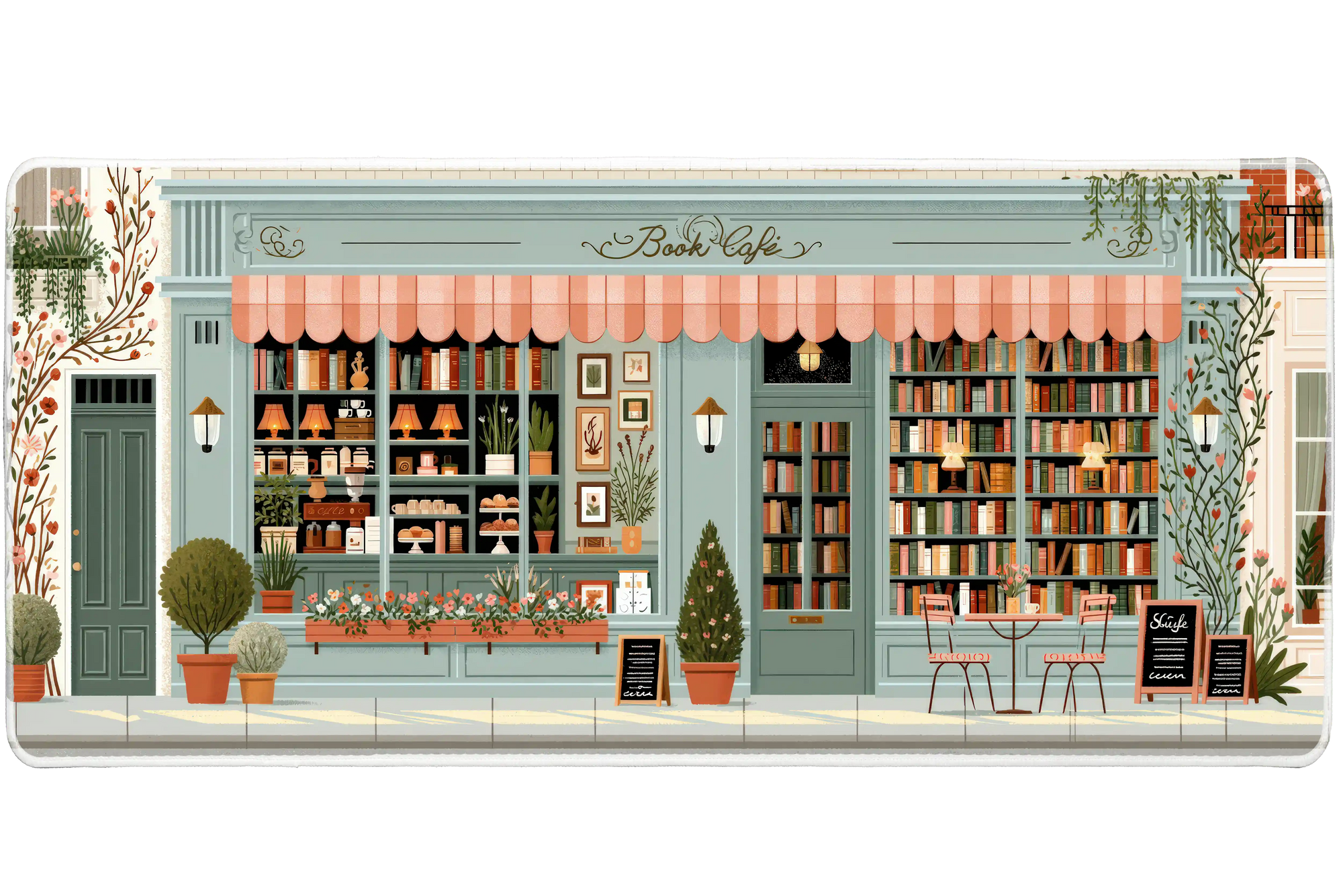 Pastel Book Cafe Desk Mat | Library Mouse Pad artwork on an extended desk mat with pastel book cafe storefront artwork