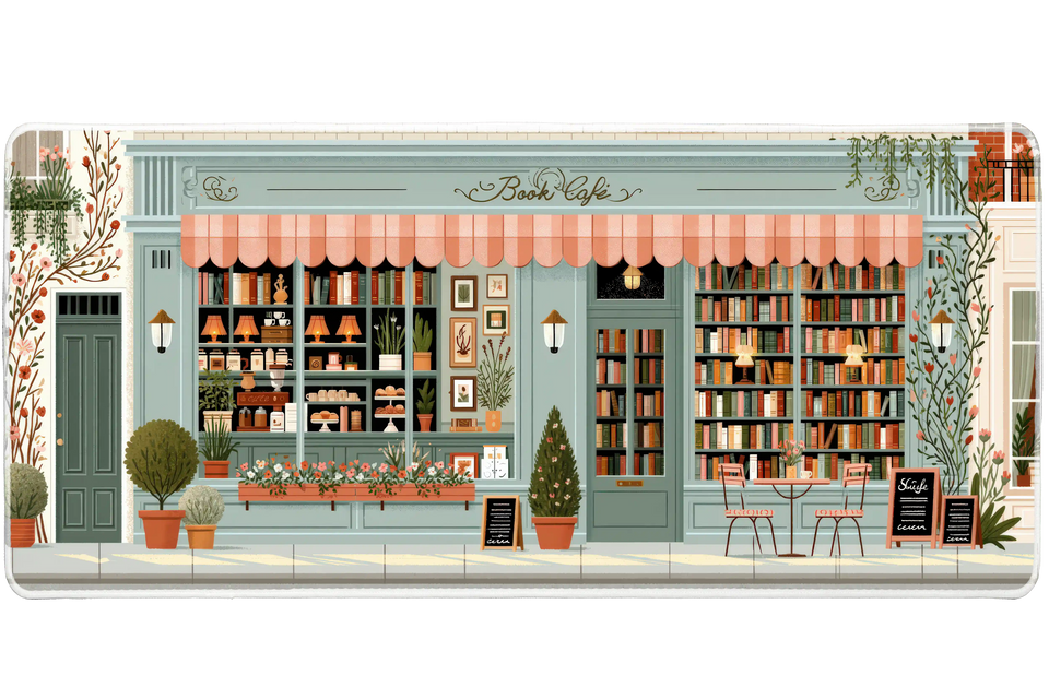 Pastel Book Cafe Desk Mat | Library Mouse Pad artwork on an extended desk mat with pastel book cafe storefront artwork